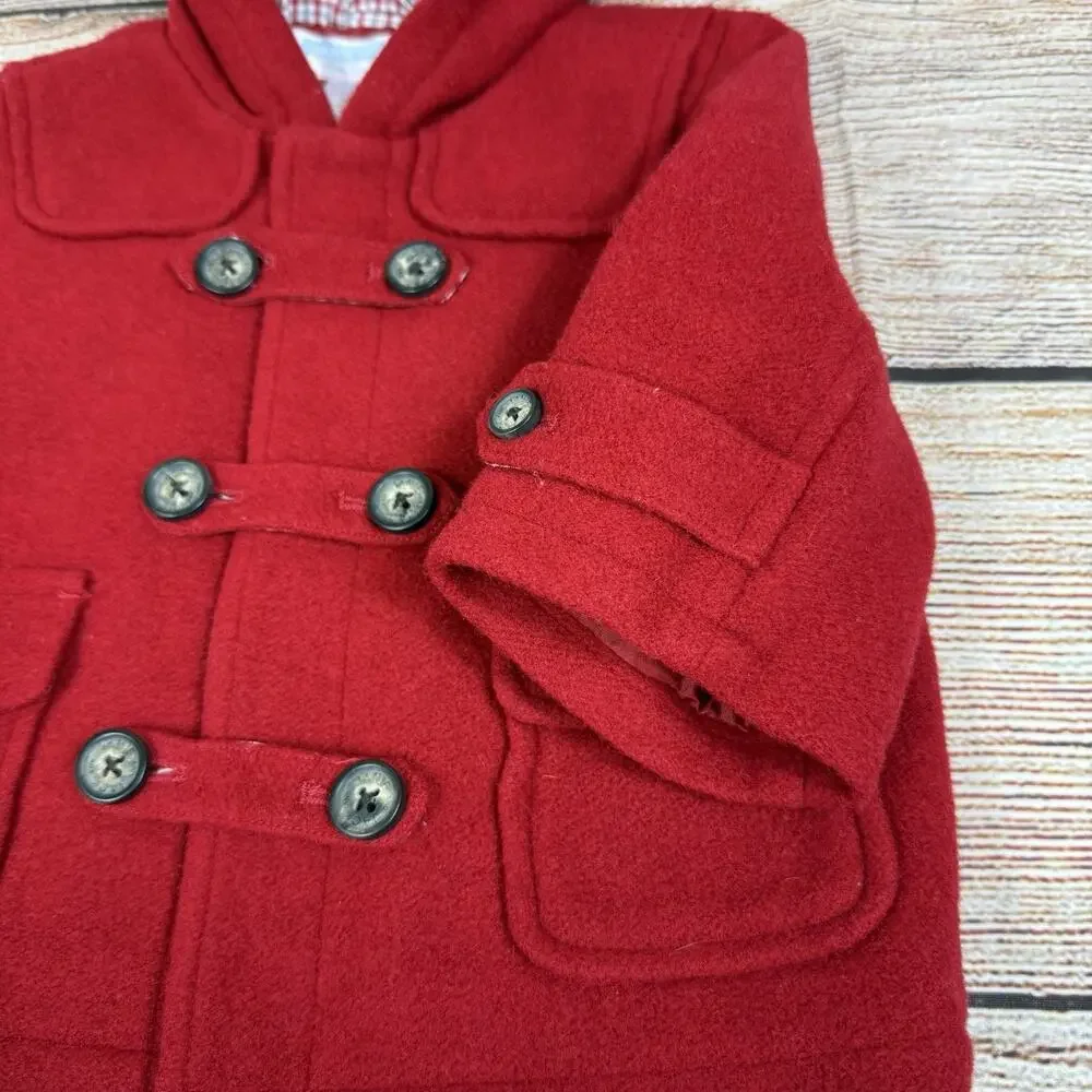 Janie And Jack Layette Red Wool Blend Pea Coat Baby 0-6 Months Unisex Hooded